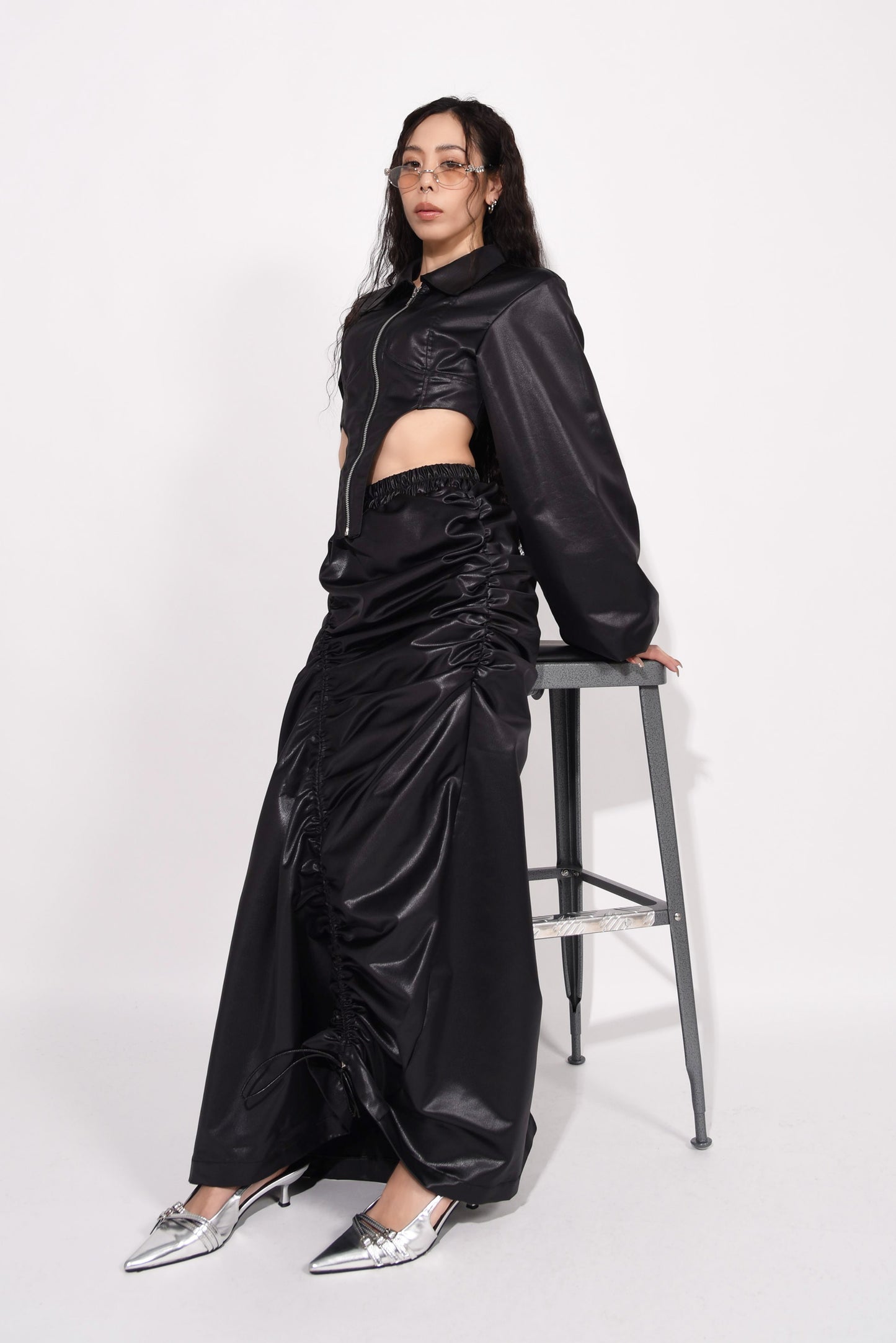 FAKE LEATHER GATHER SKIRT black
