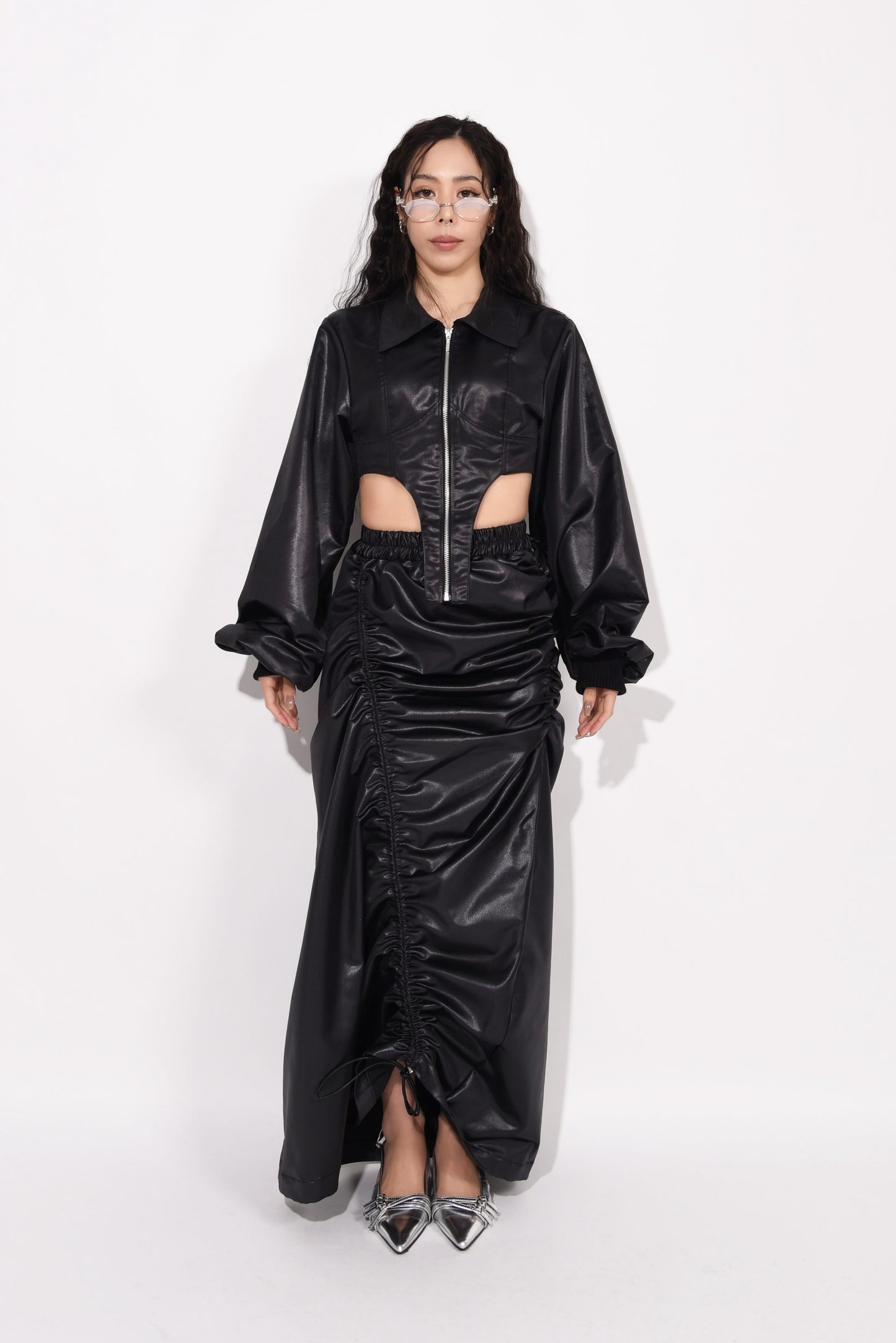 FAKE LEATHER GATHER SKIRT black
