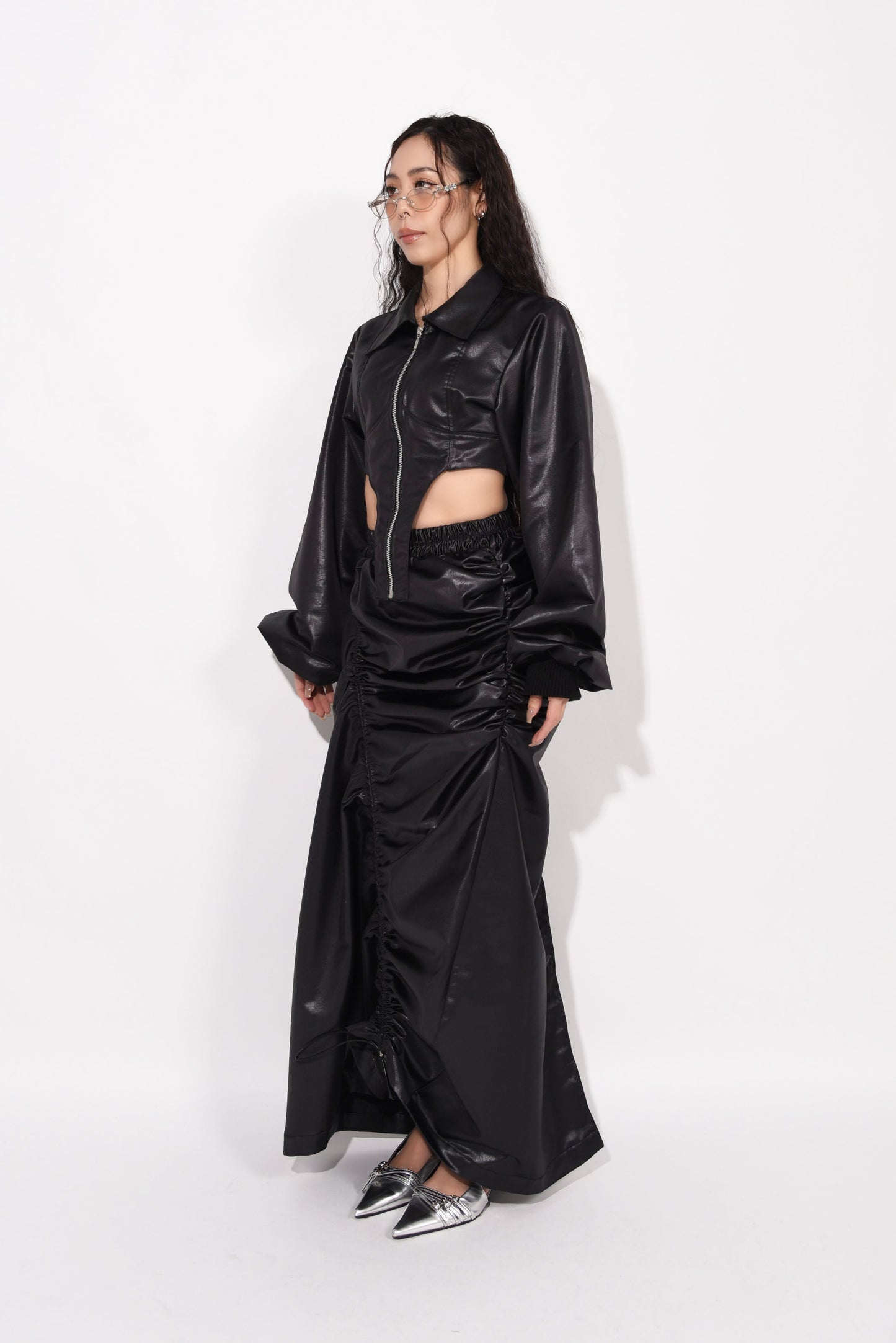 FAKE LEATHER GATHER SKIRT black