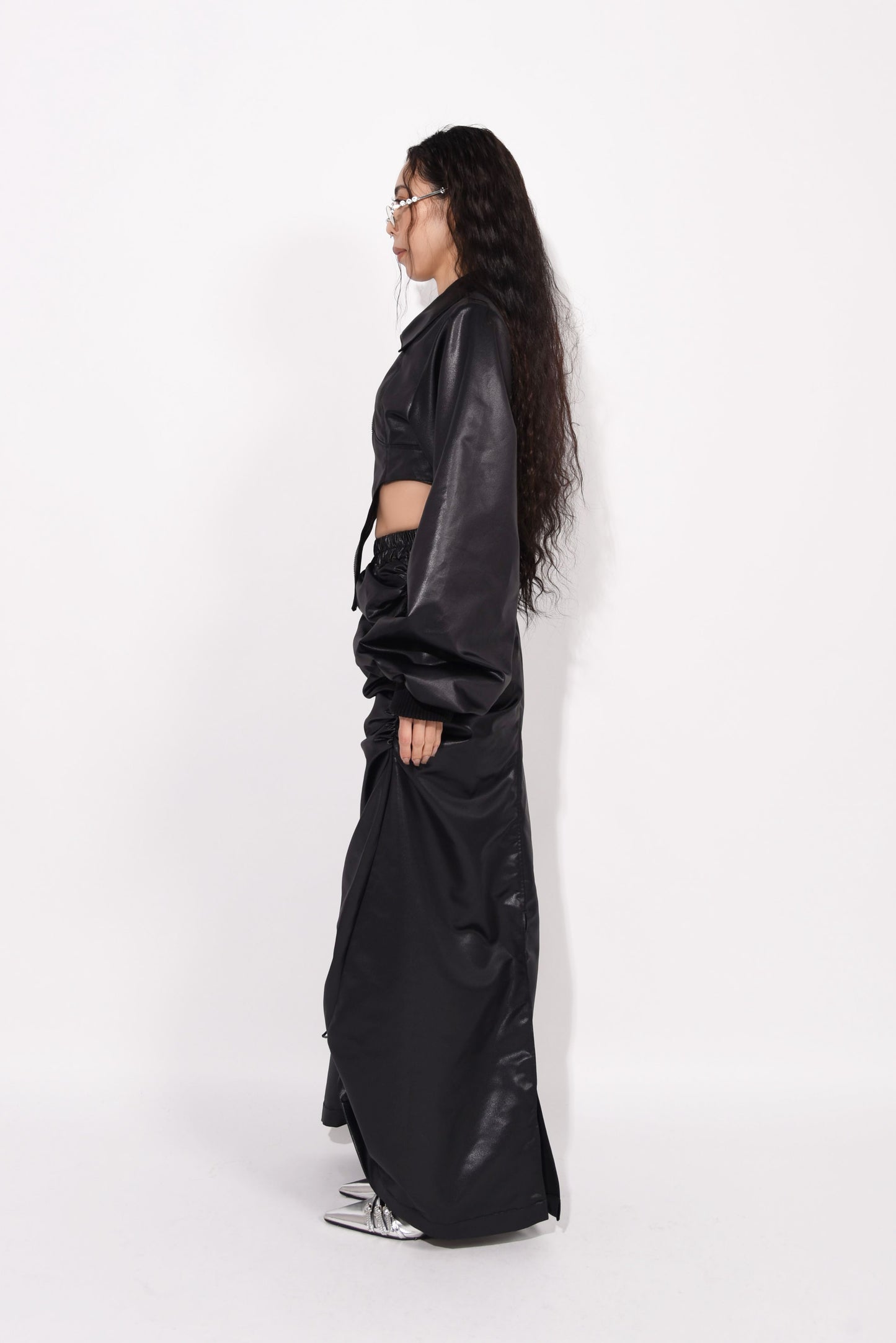 FAKE LEATHER GATHER SKIRT black