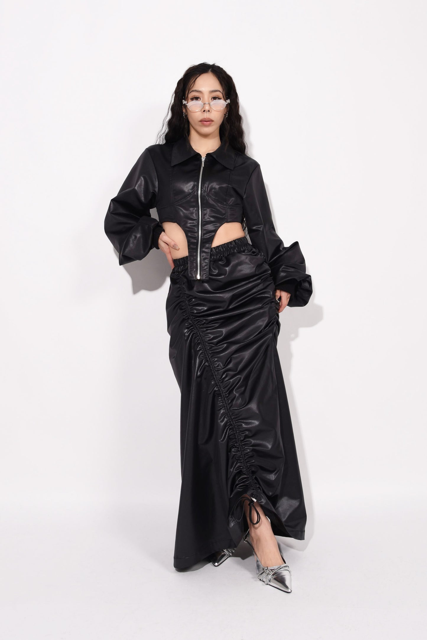 FAKE LEATHER GATHER SKIRT black