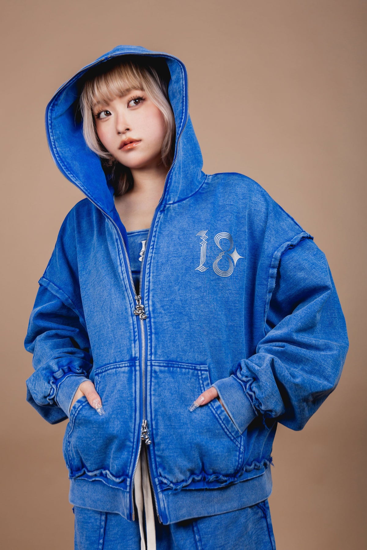WASHED DOUBLE ZIP HOODIE blue