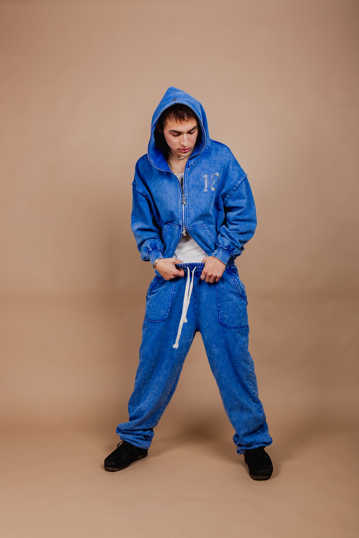 WASHED DOUBLE ZIP HOODIE blue