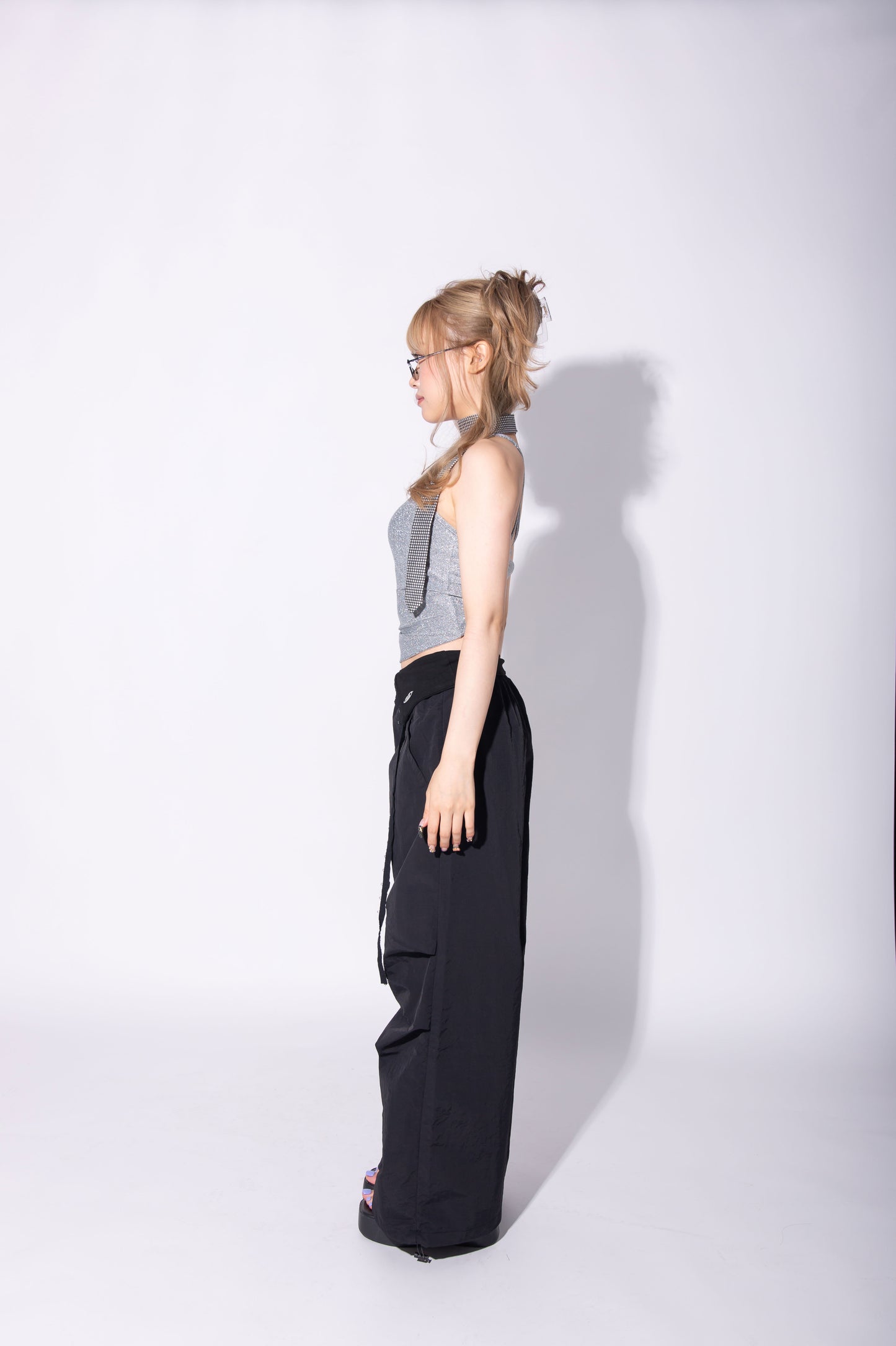 HOOK GATHER NYLON PANTS black