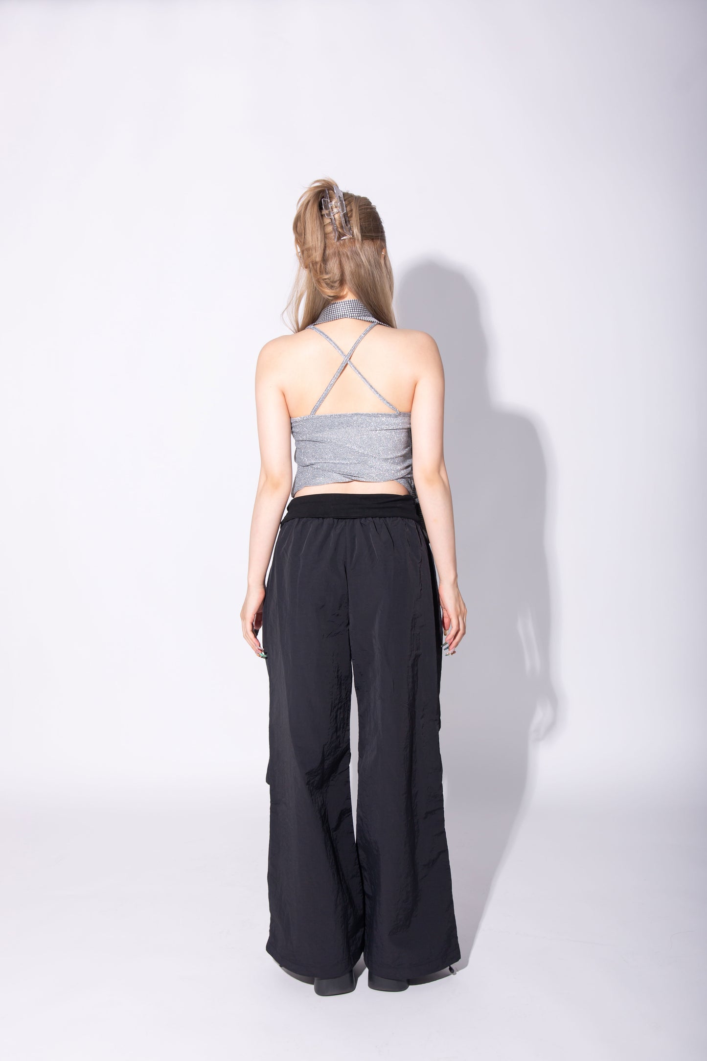HOOK GATHER NYLON PANTS black