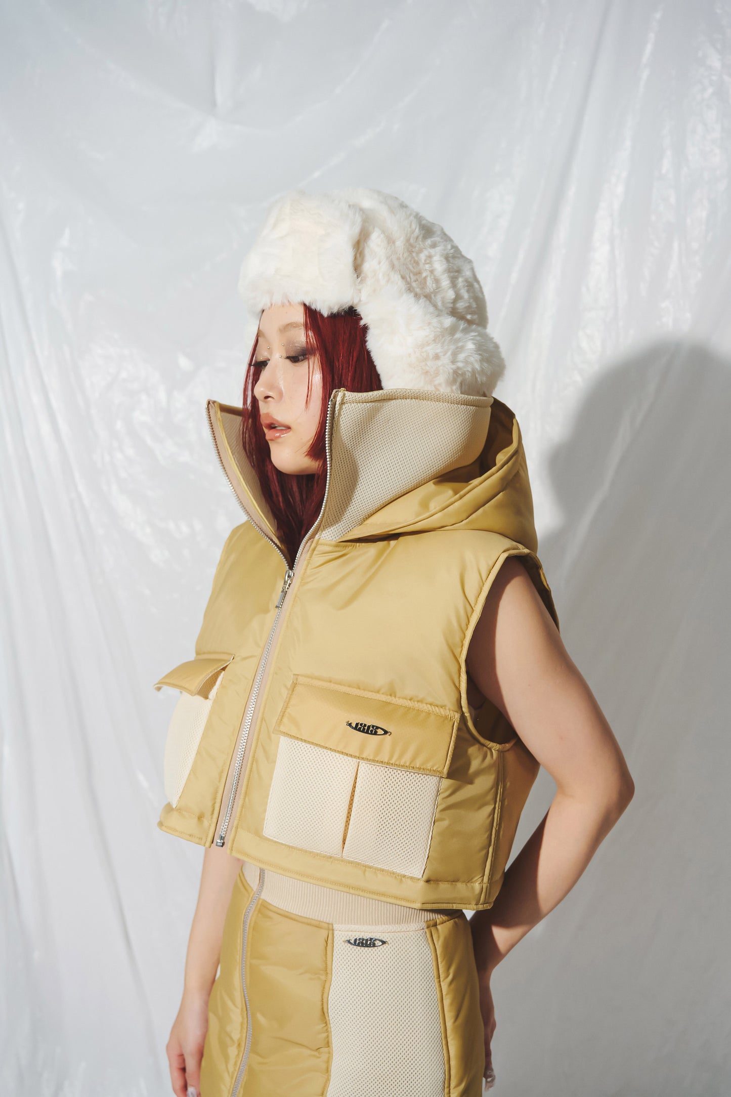 NYLON MESH DOWN VEST beige