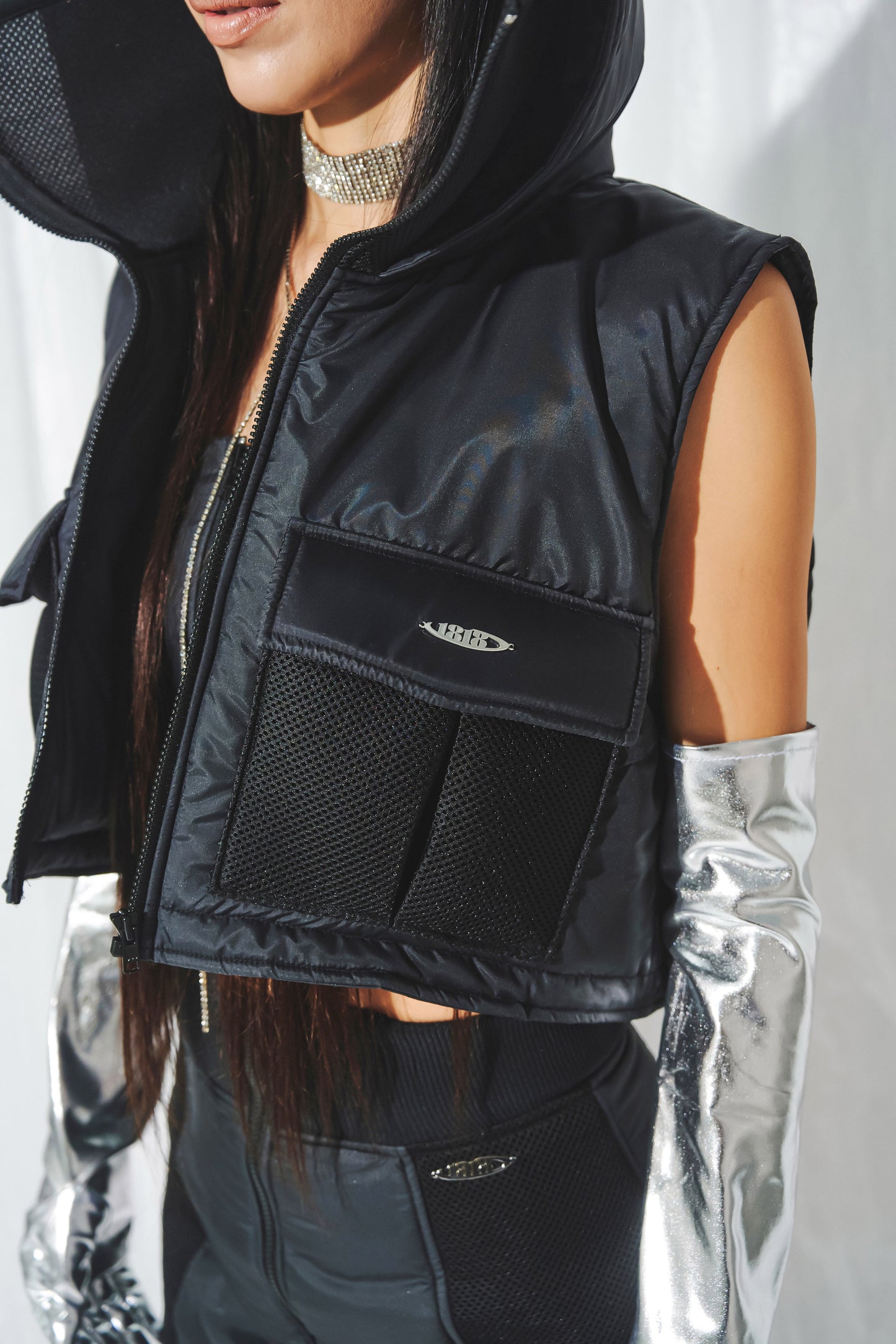 NYLON MESH DOWN VEST black