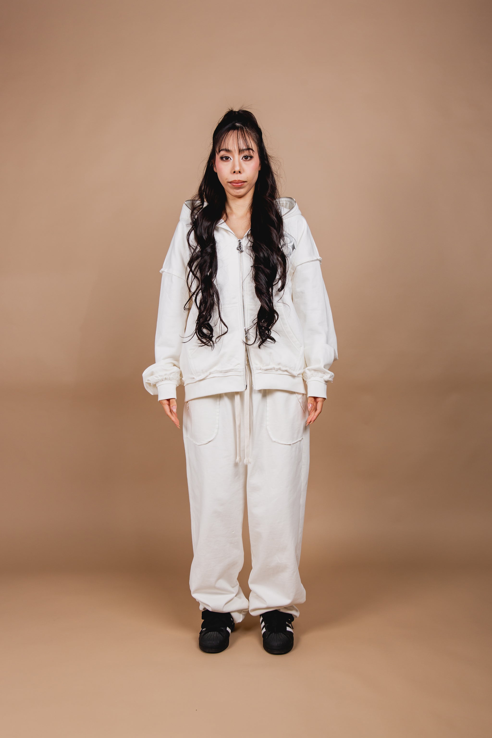 WASHED DOUBLE ZIP HOODIE white
