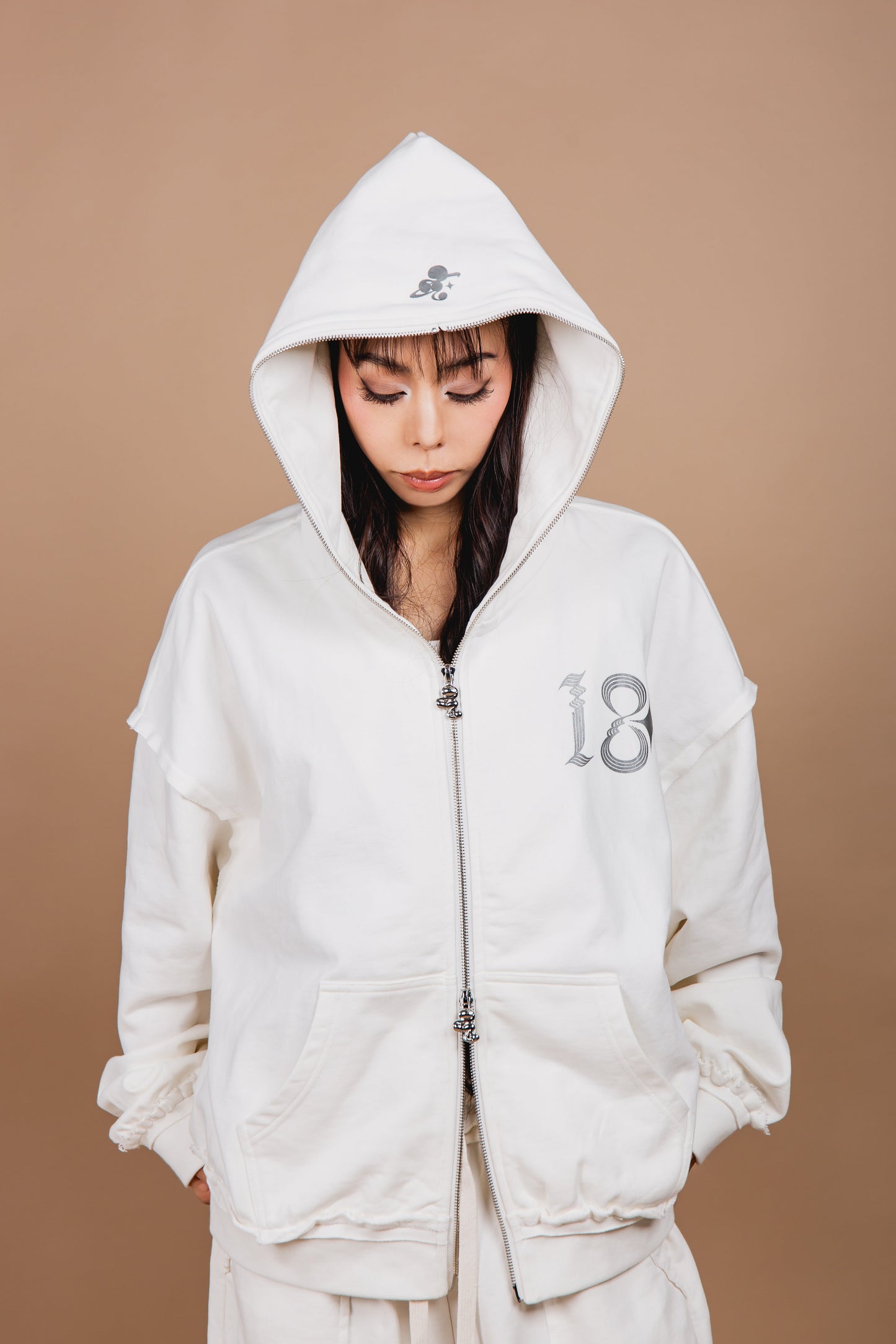 WASHED DOUBLE ZIP HOODIE white