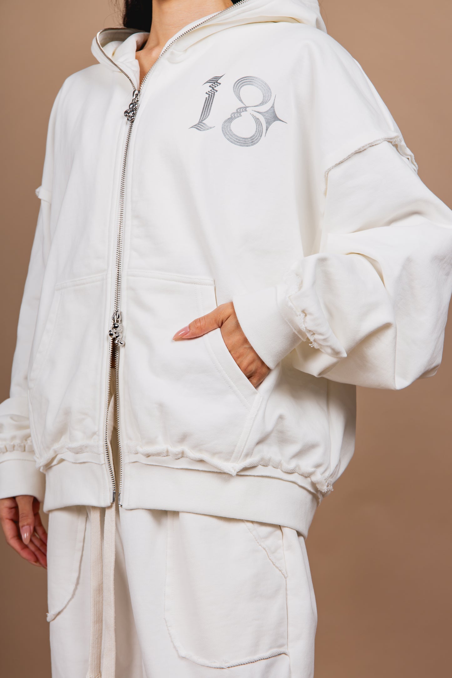 WASHED DOUBLE ZIP HOODIE white