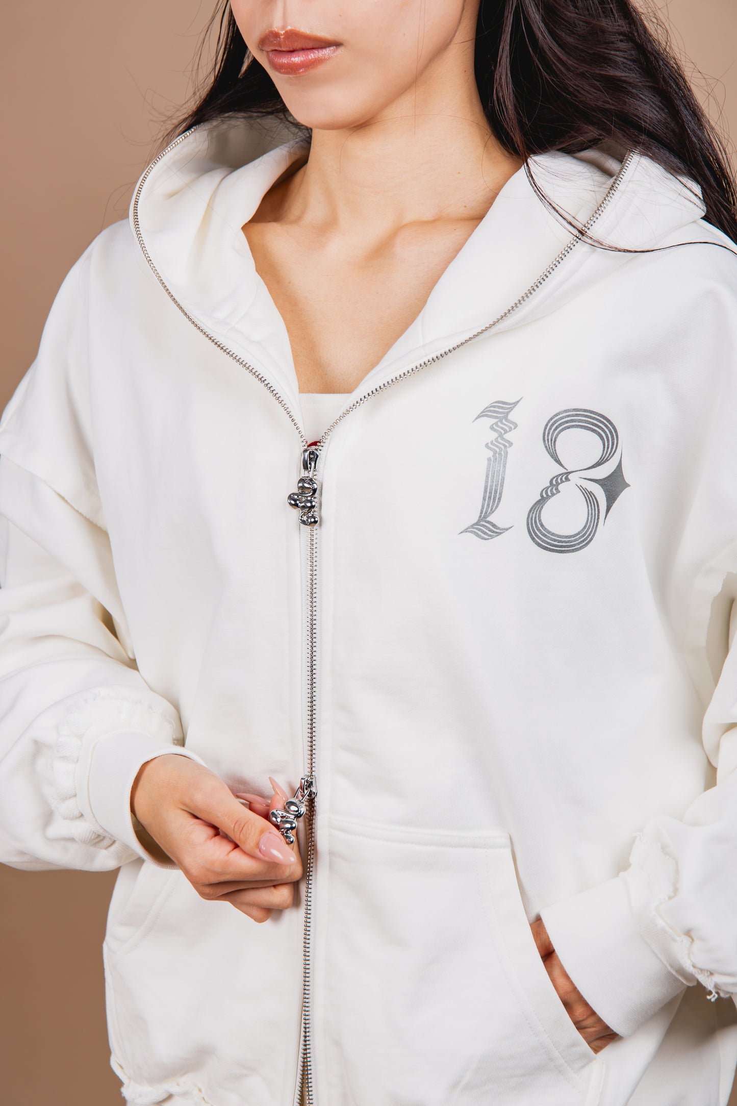 WASHED DOUBLE ZIP HOODIE white