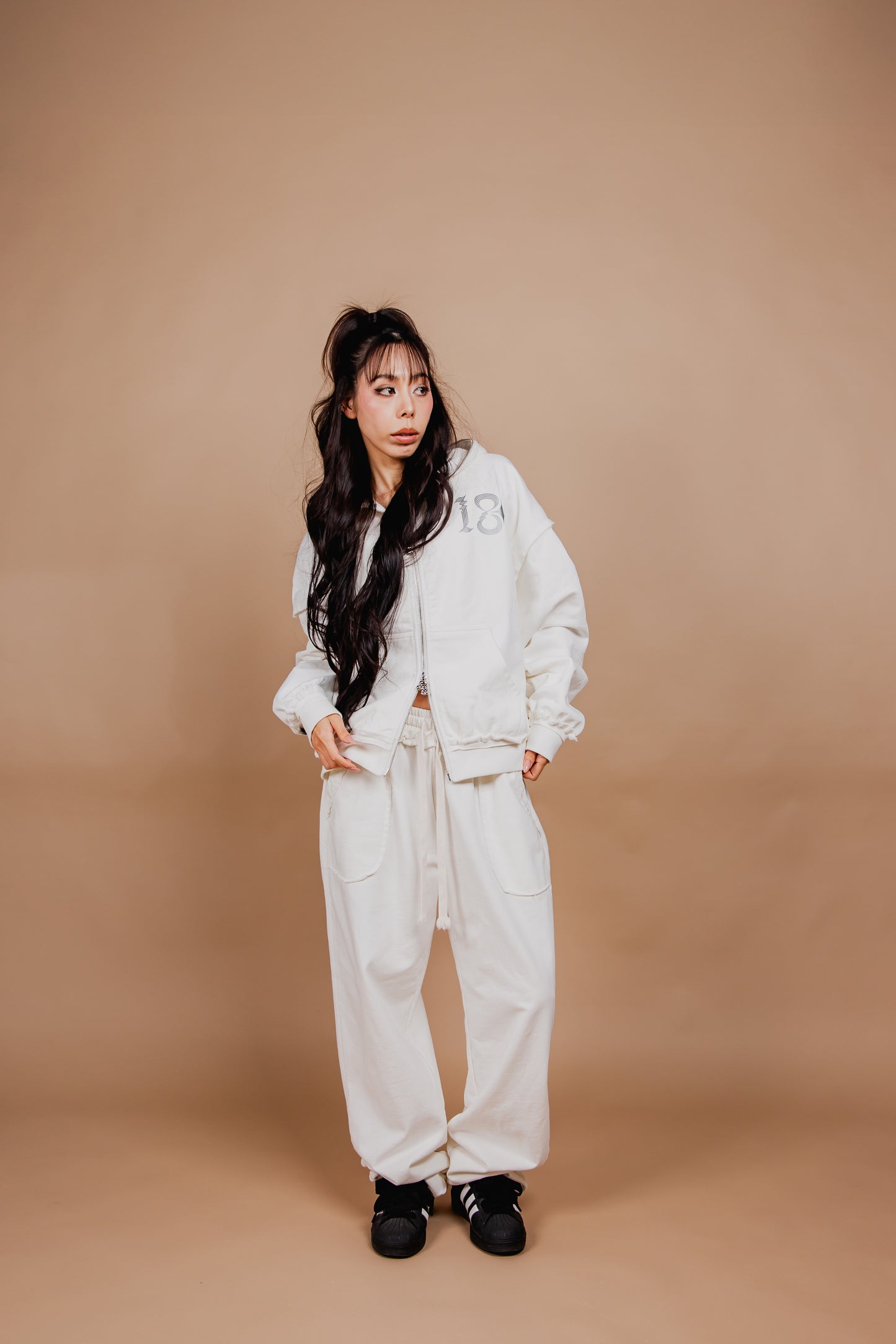 WASHED DOUBLE ZIP HOODIE white