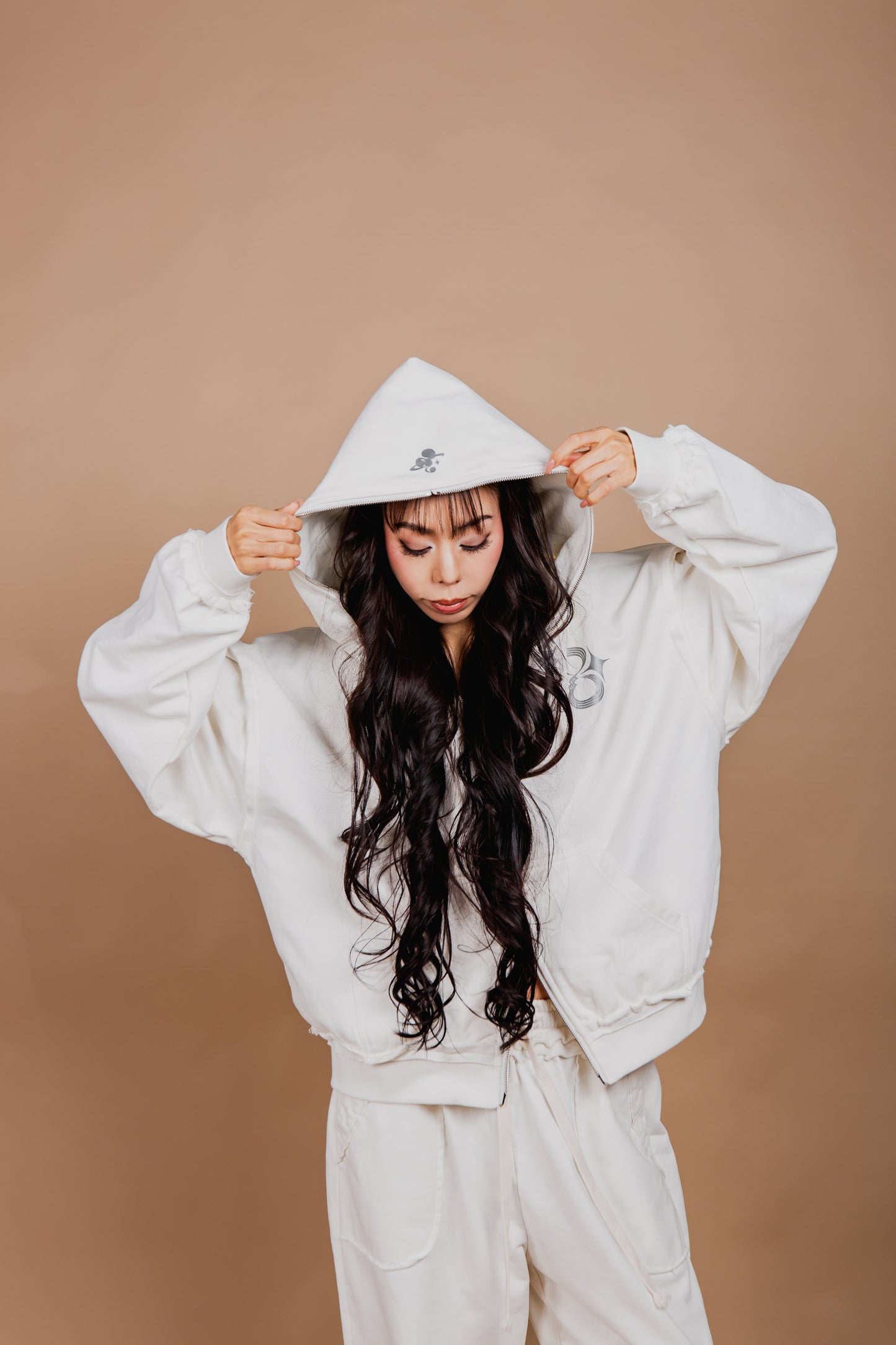 WASHED DOUBLE ZIP HOODIE white