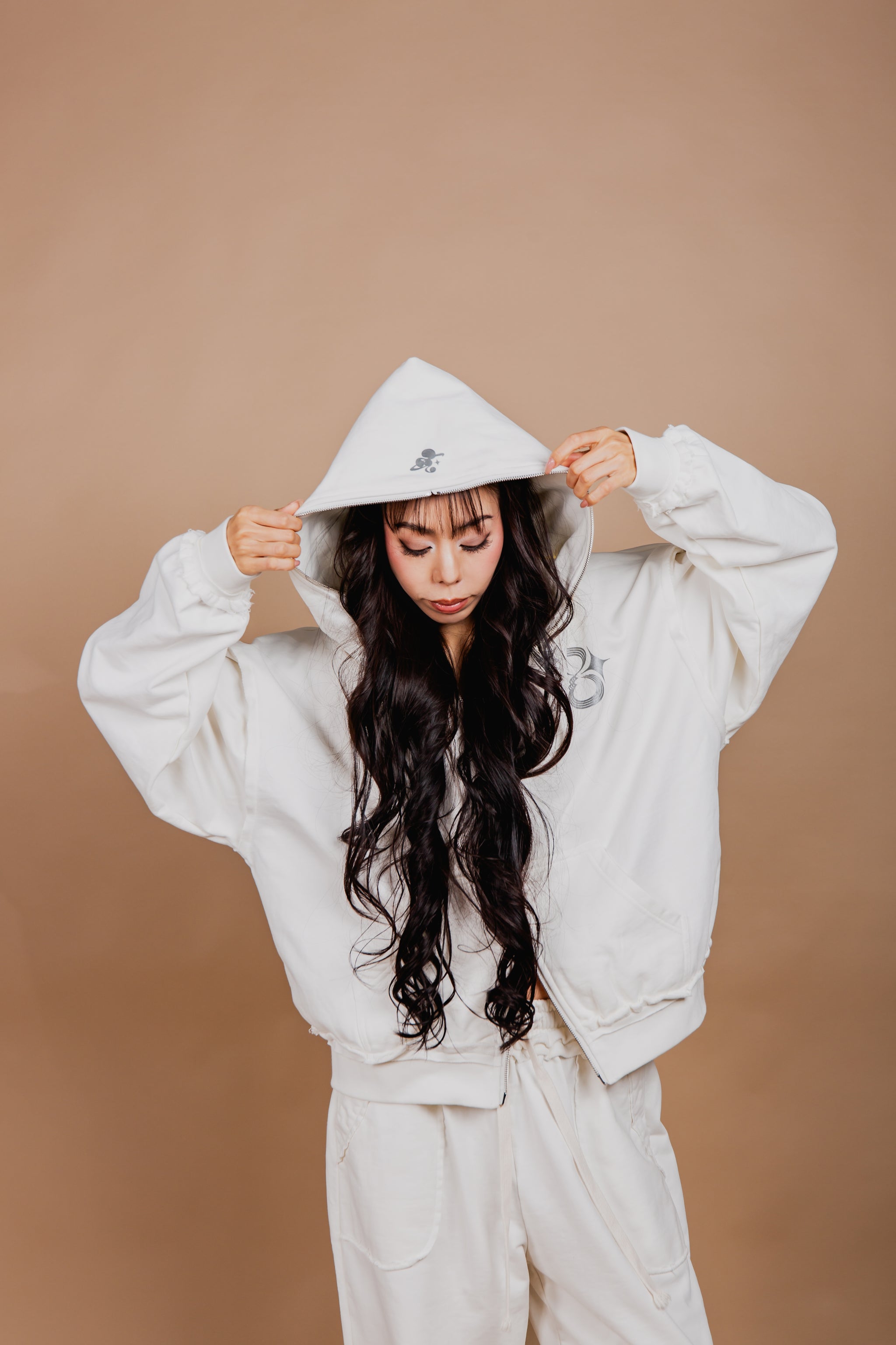 WASHED DOUBLE ZIP HOODIE white