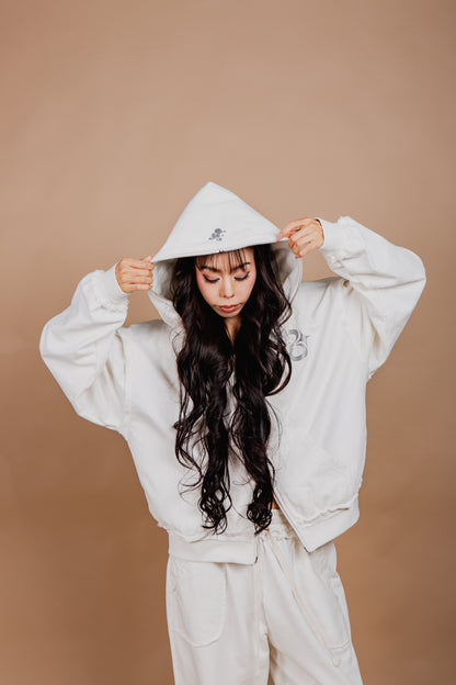 WASHED DOUBLE ZIP HOODIE white