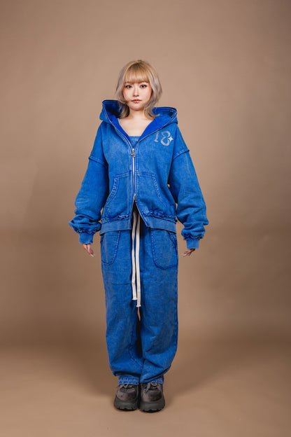 WASHED DOUBLE ZIP HOODIE blue