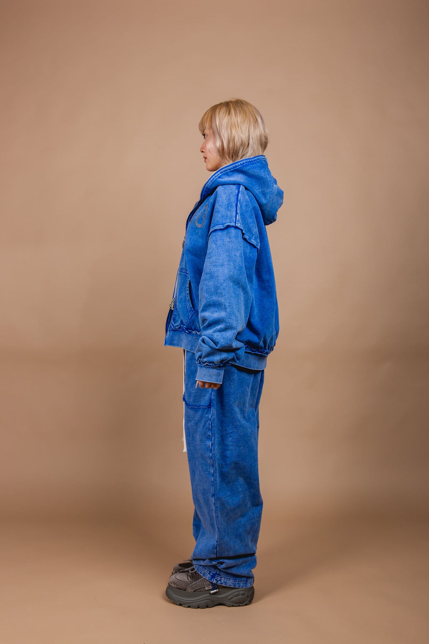 WASHED DOUBLE ZIP HOODIE blue