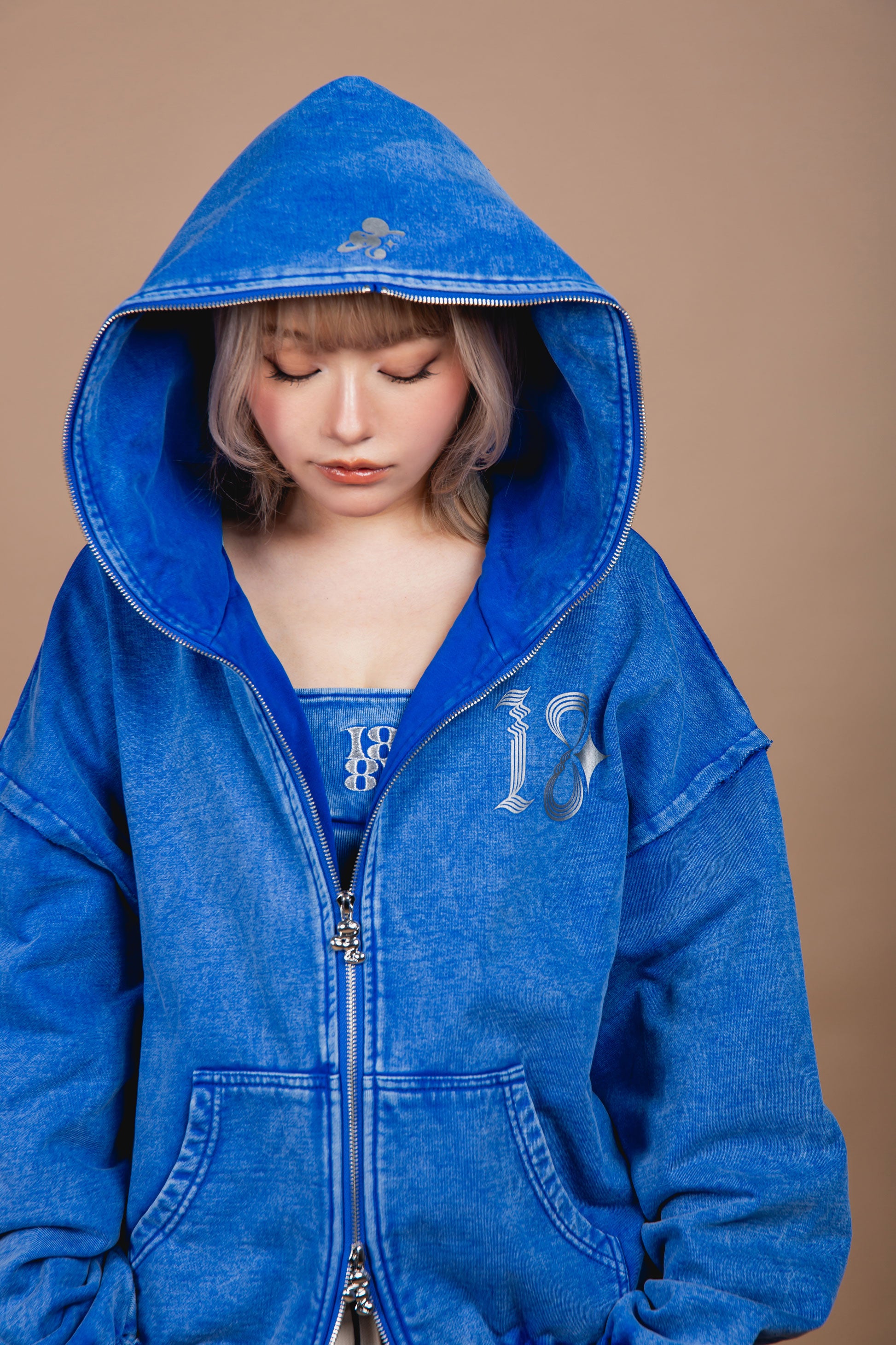 WASHED DOUBLE ZIP HOODIE blue