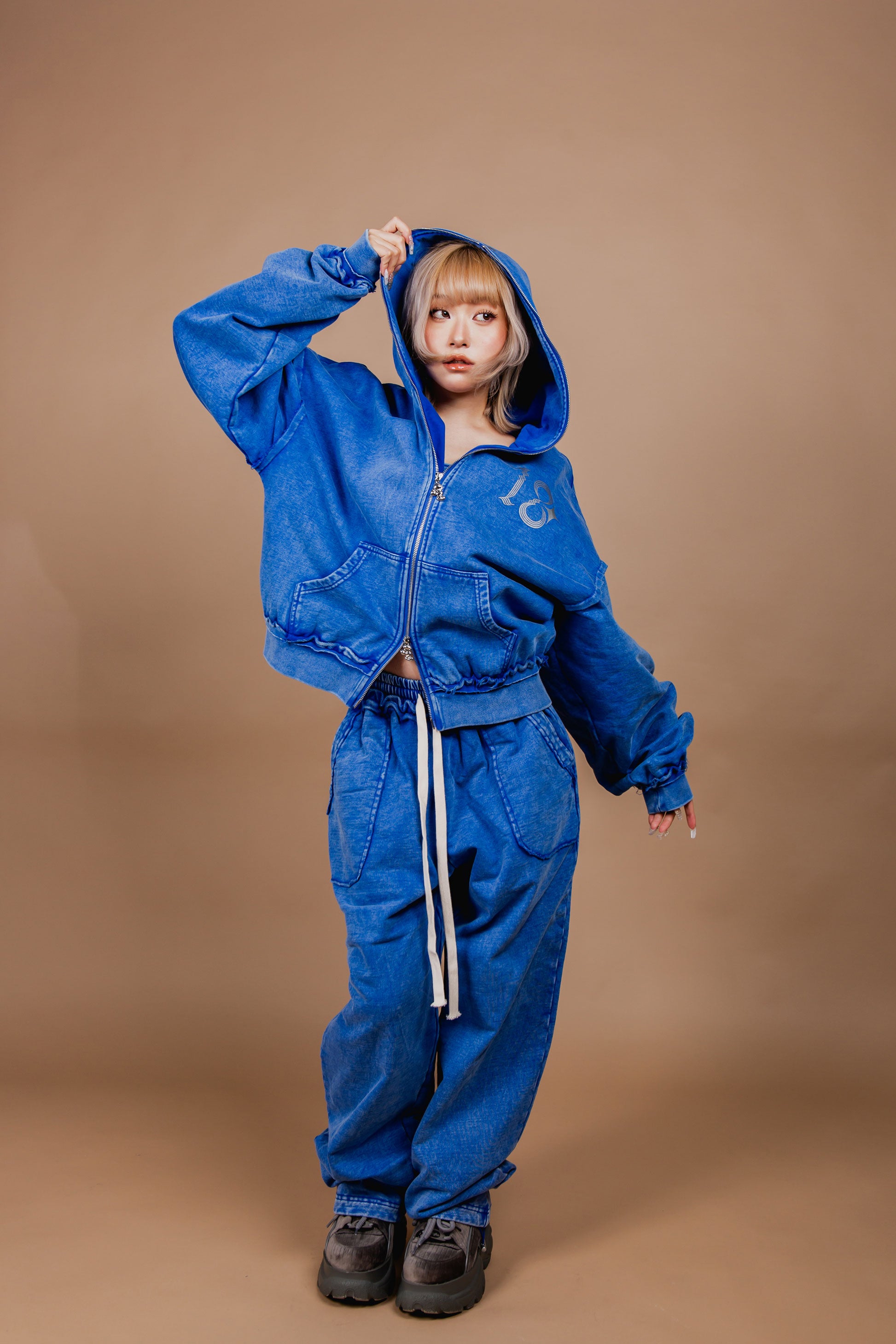 WASHED DOUBLE ZIP HOODIE blue