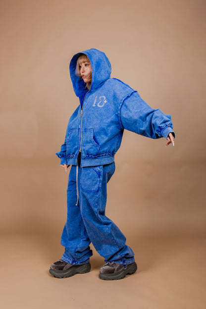 WASHED DOUBLE ZIP HOODIE blue