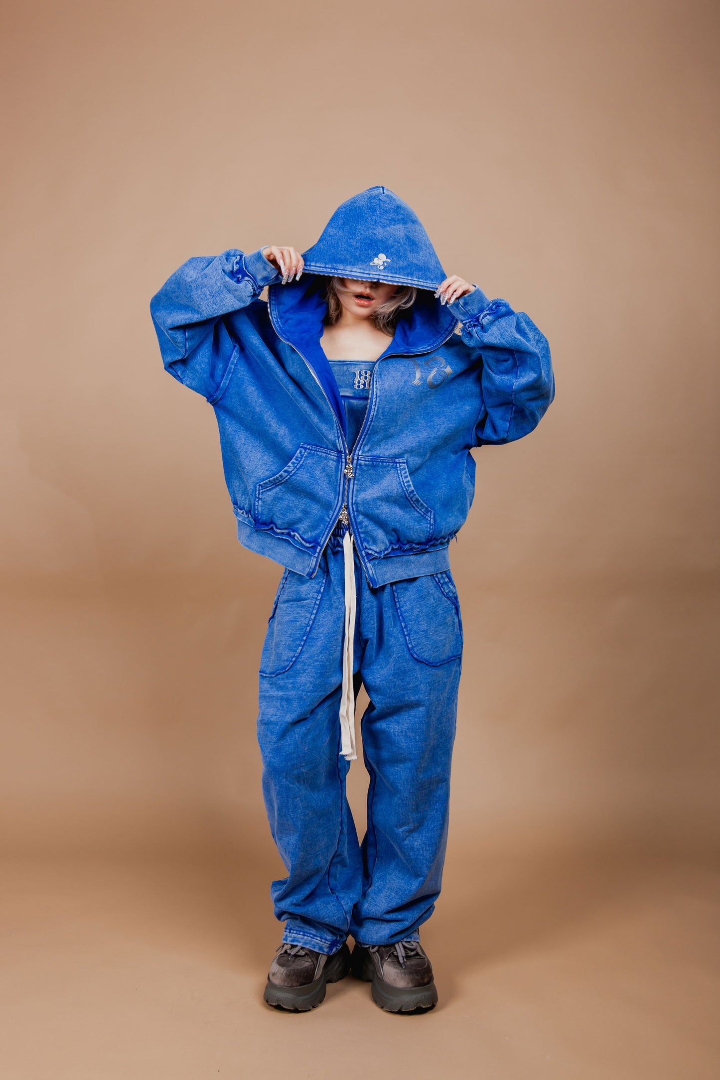 WASHED DOUBLE ZIP HOODIE blue