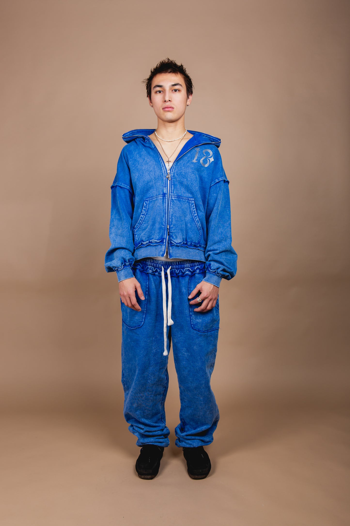 WASHED DOUBLE ZIP HOODIE blue