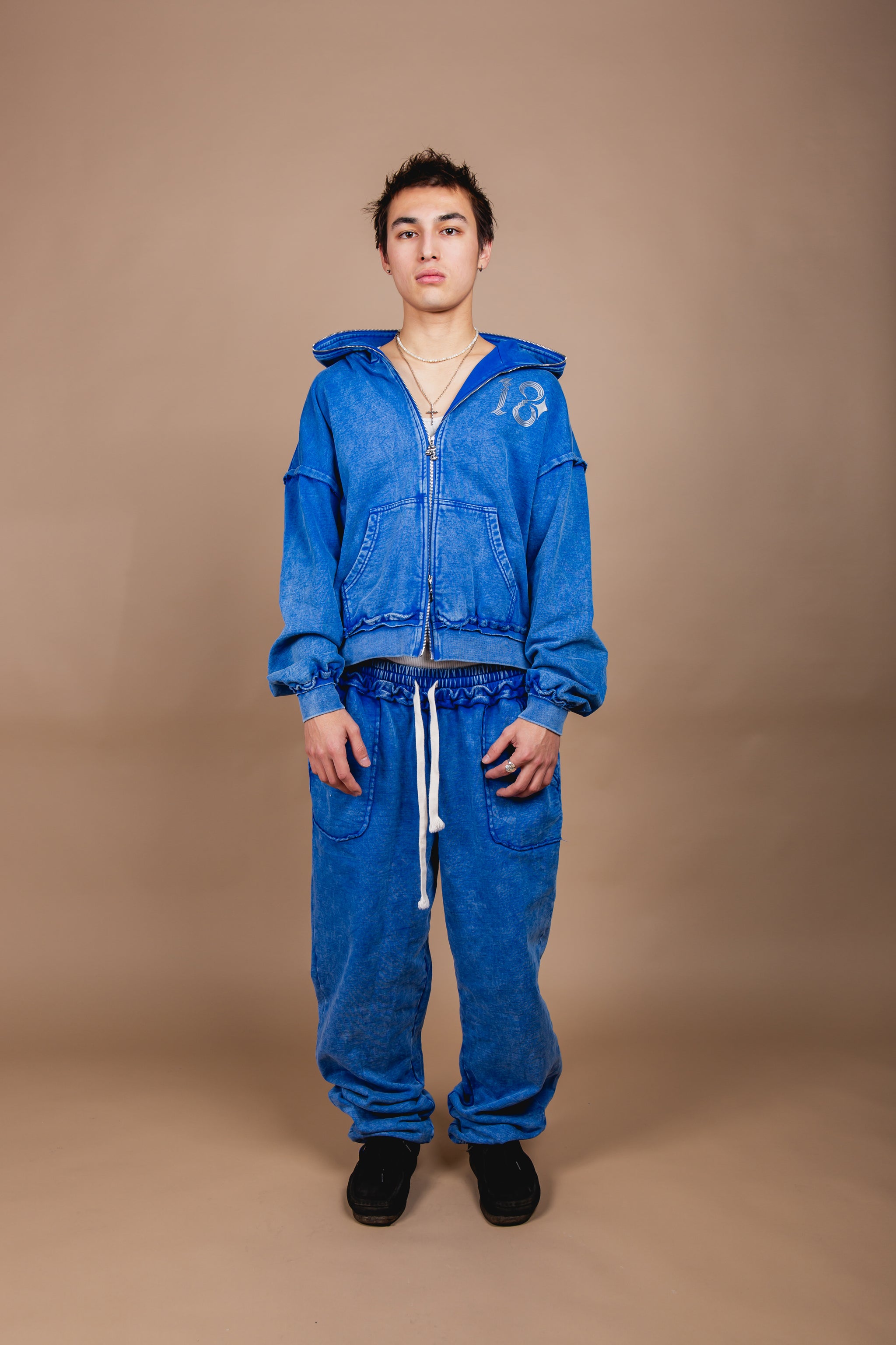 WASHED DOUBLE ZIP HOODIE blue