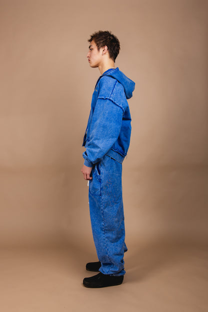 WASHED DOUBLE ZIP HOODIE blue