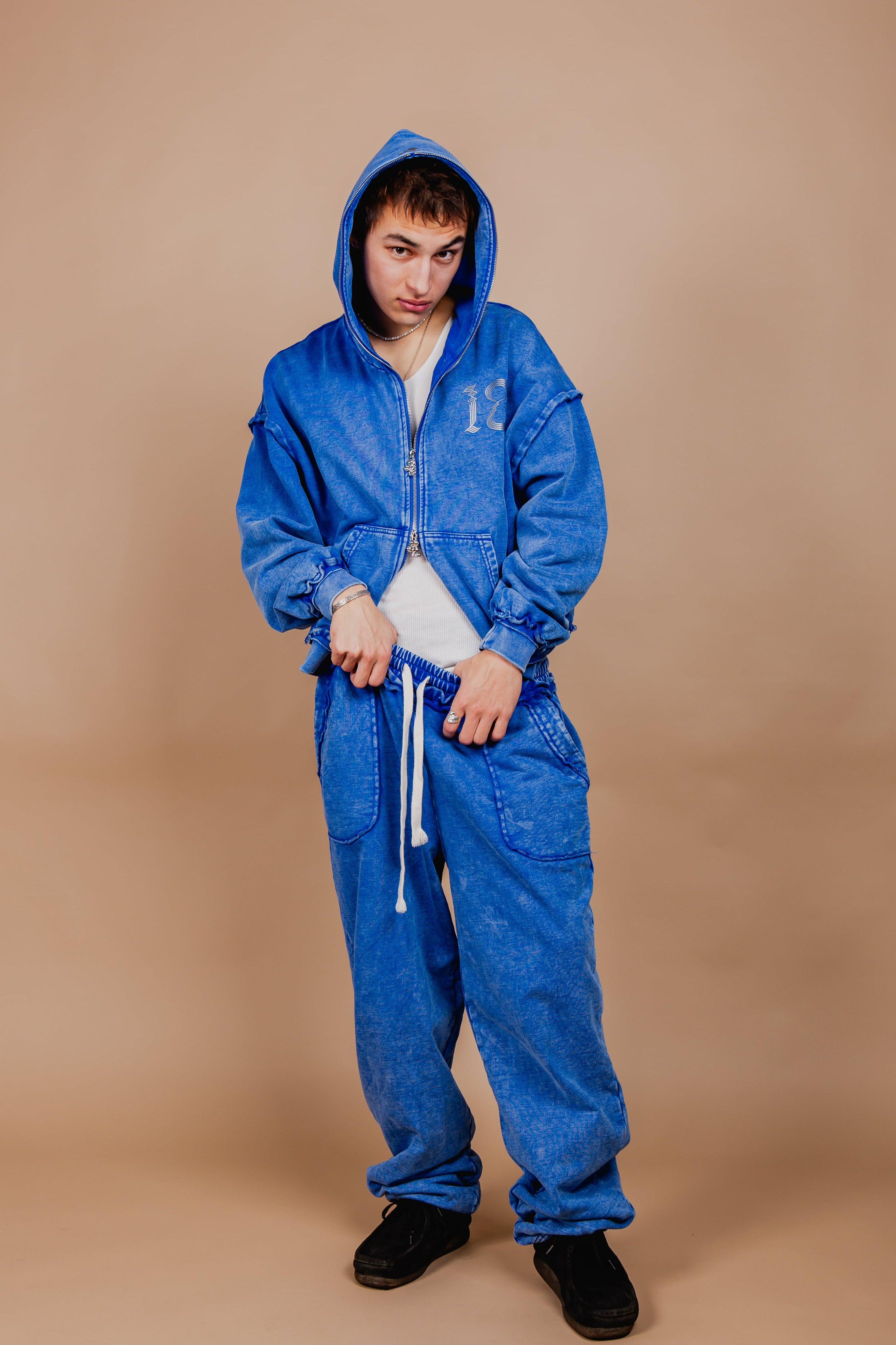 WASHED DOUBLE ZIP HOODIE blue – 1818