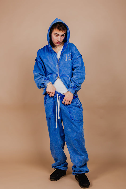 WASHED DOUBLE ZIP HOODIE blue