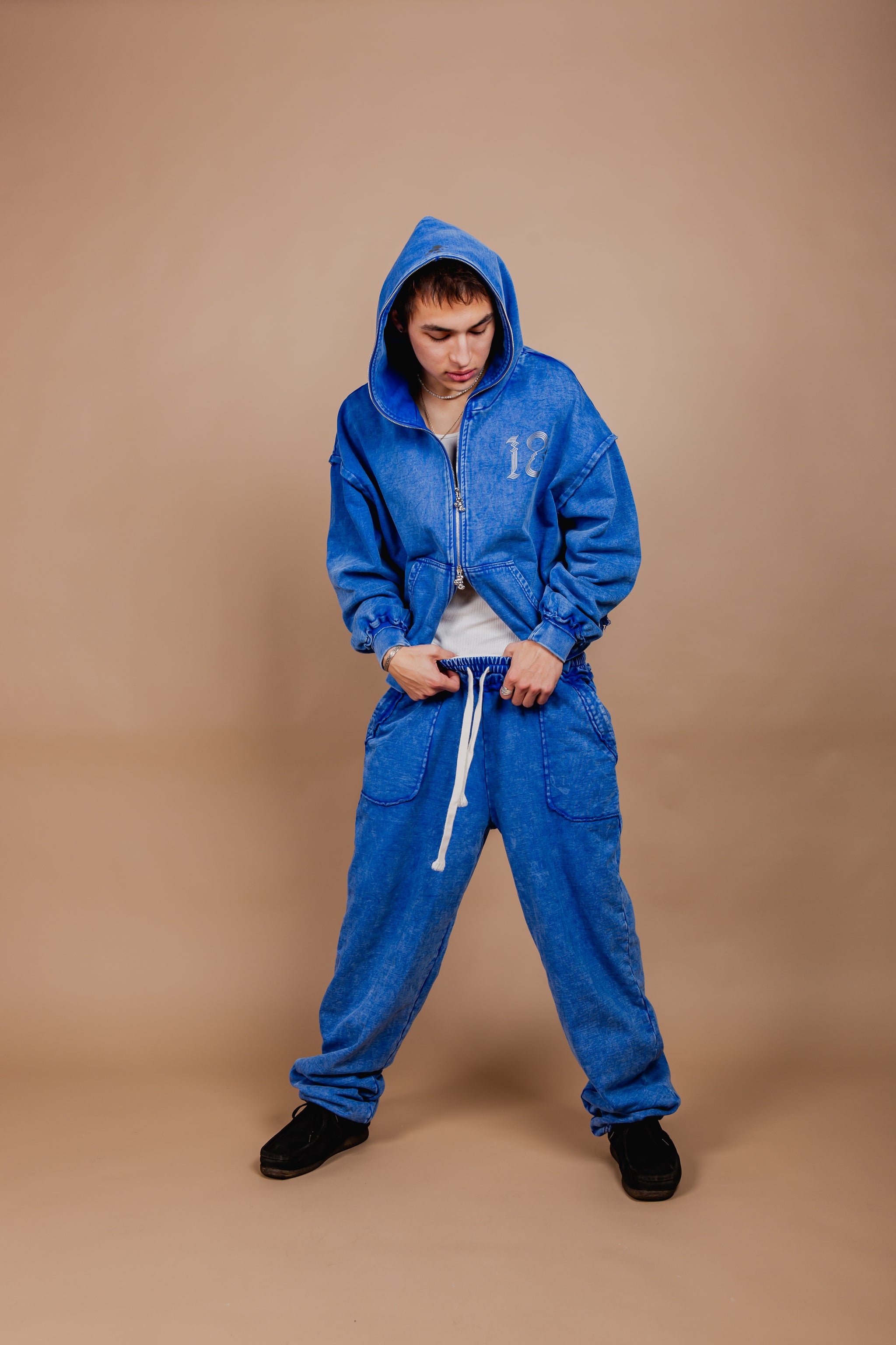 WASHED DOUBLE ZIP HOODIE blue
