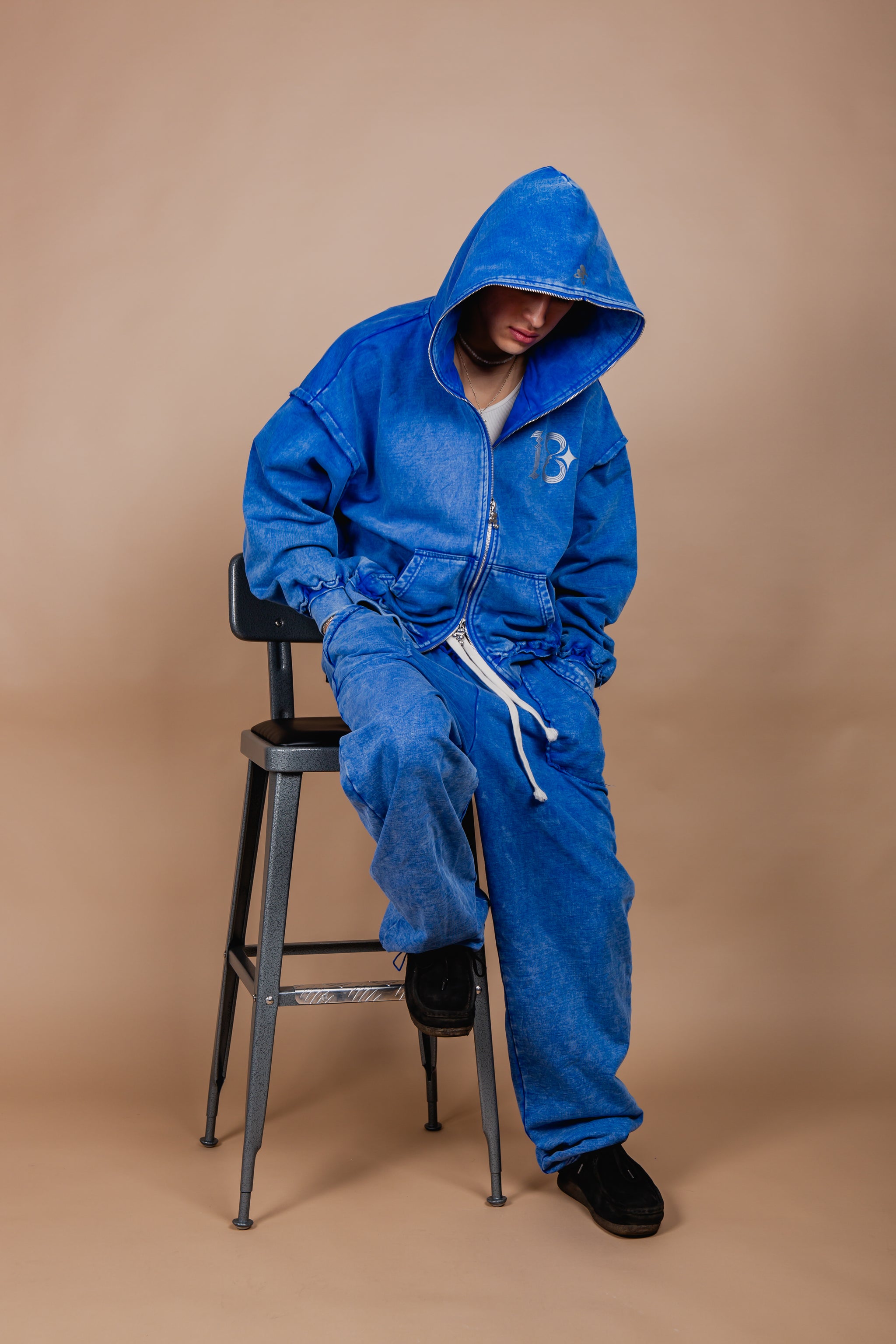 WASHED DOUBLE ZIP HOODIE blue