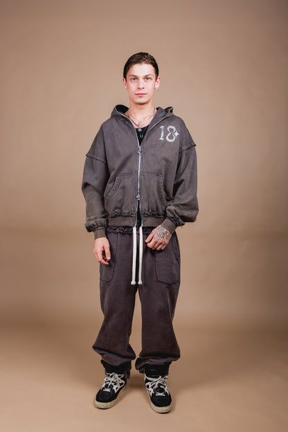 WASHED DOUBLE ZIP HOODIE black