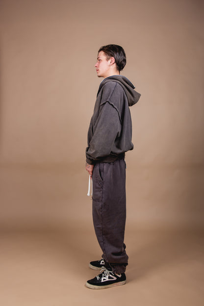 WASHED DOUBLE ZIP HOODIE black