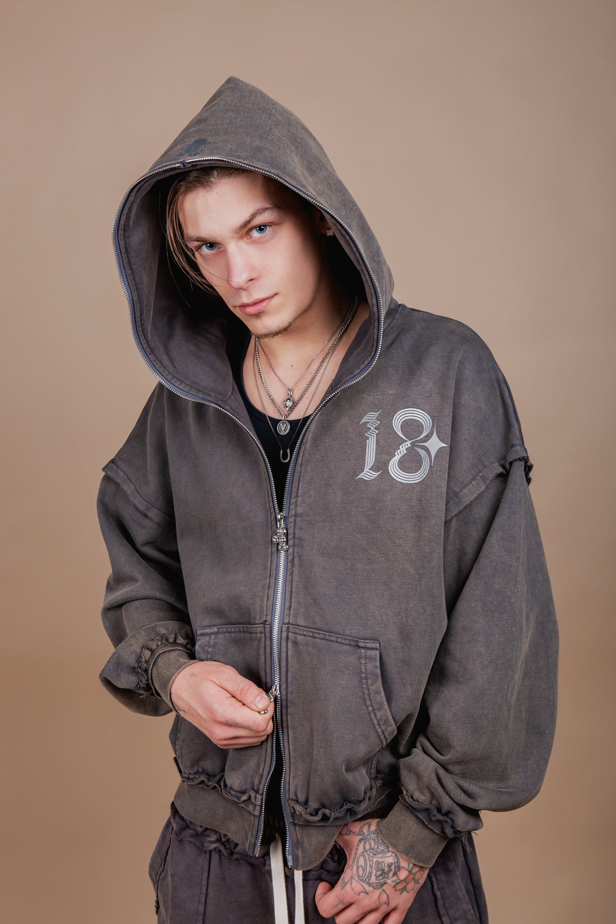 WASHED DOUBLE ZIP HOODIE black – 1818