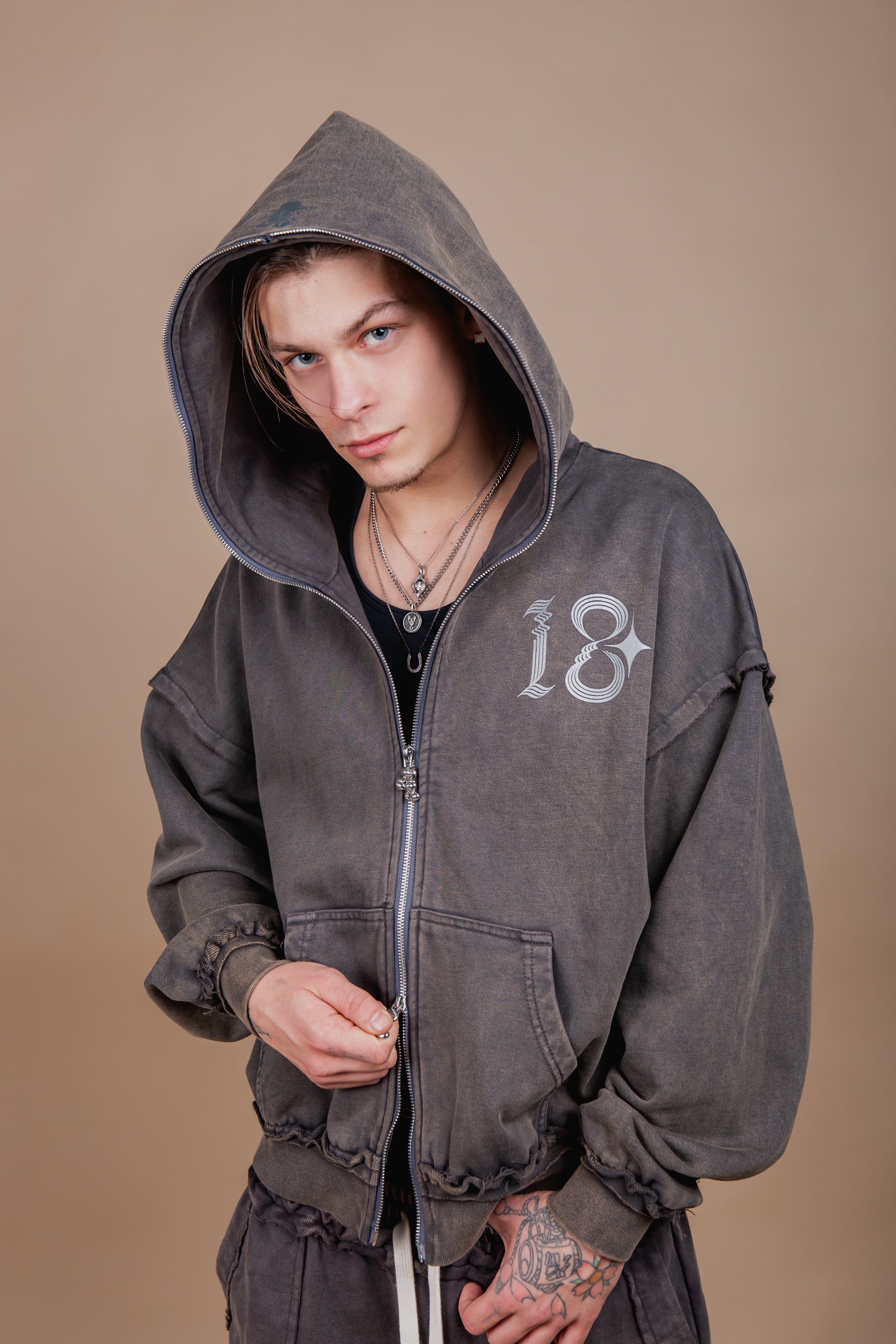 WASHED DOUBLE ZIP HOODIE black