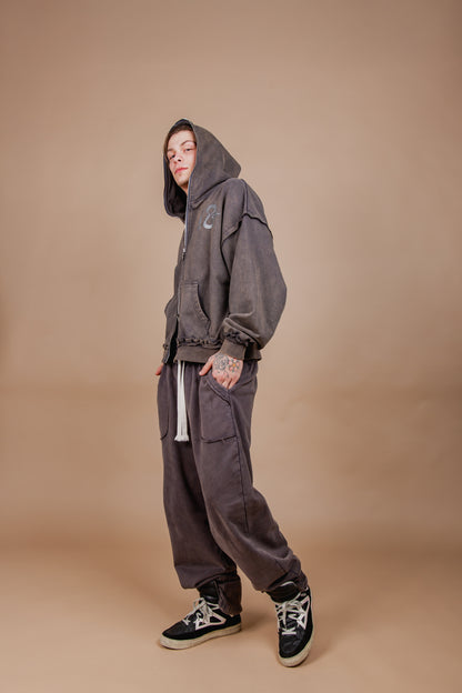 WASHED DOUBLE ZIP HOODIE black