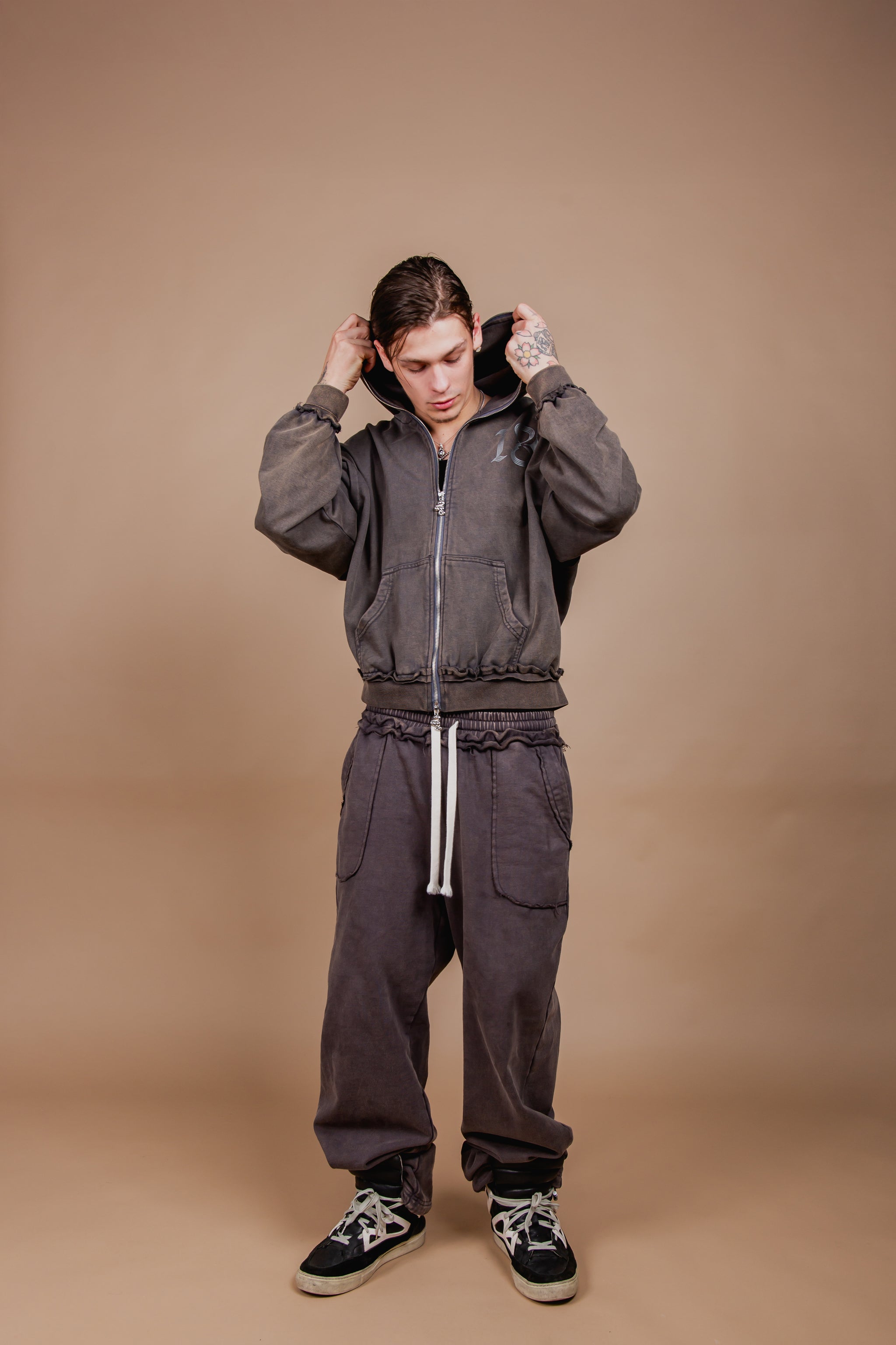WASHED DOUBLE ZIP HOODIE black