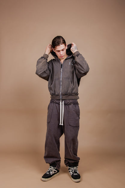 WASHED DOUBLE ZIP HOODIE black