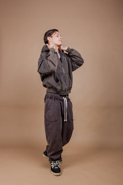 WASHED DOUBLE ZIP HOODIE black