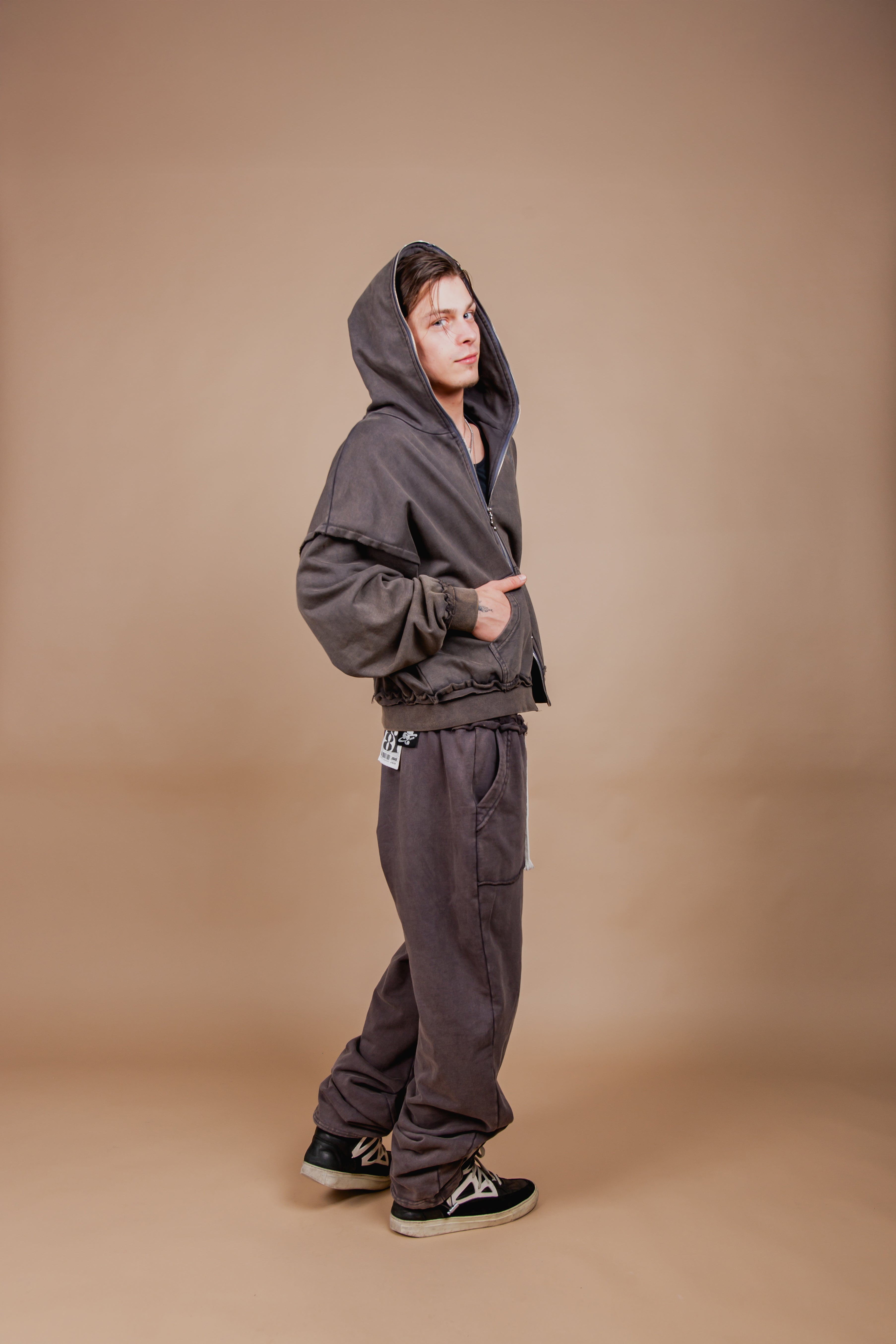 WASHED DOUBLE ZIP HOODIE black – 1818