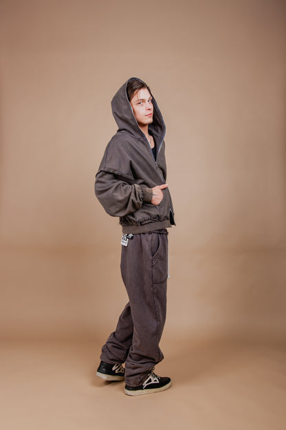 WASHED DOUBLE ZIP HOODIE black